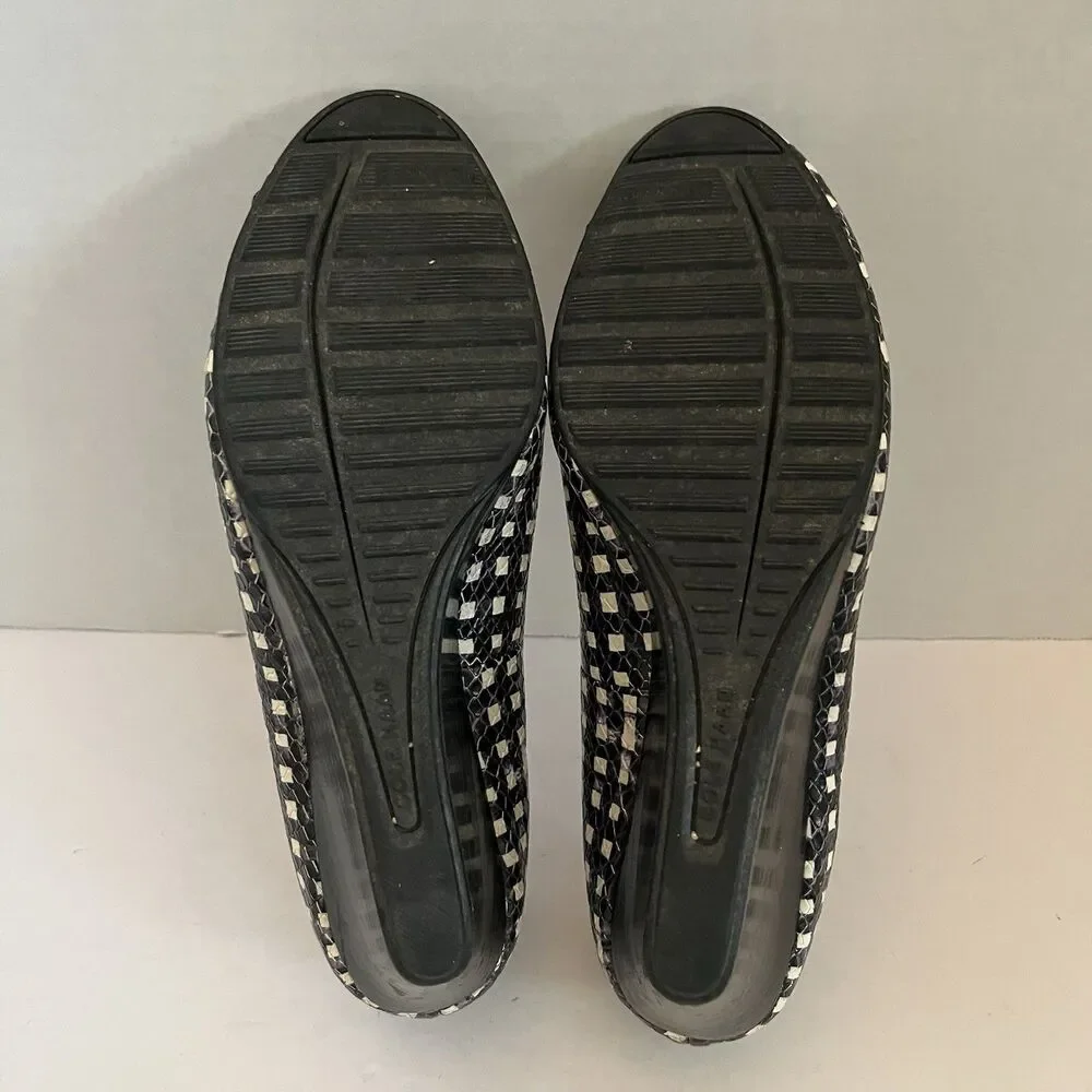 Cole Haan Gingham Bow Women's Black Leather Wedge Pin Up Heel Sandals SZ 8 B